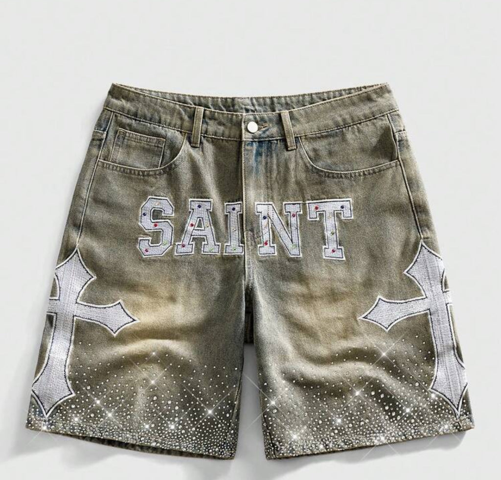 MEN Street Life
Men's Cross & Letter Applique
Slant Pocket Casual Denim Shorts