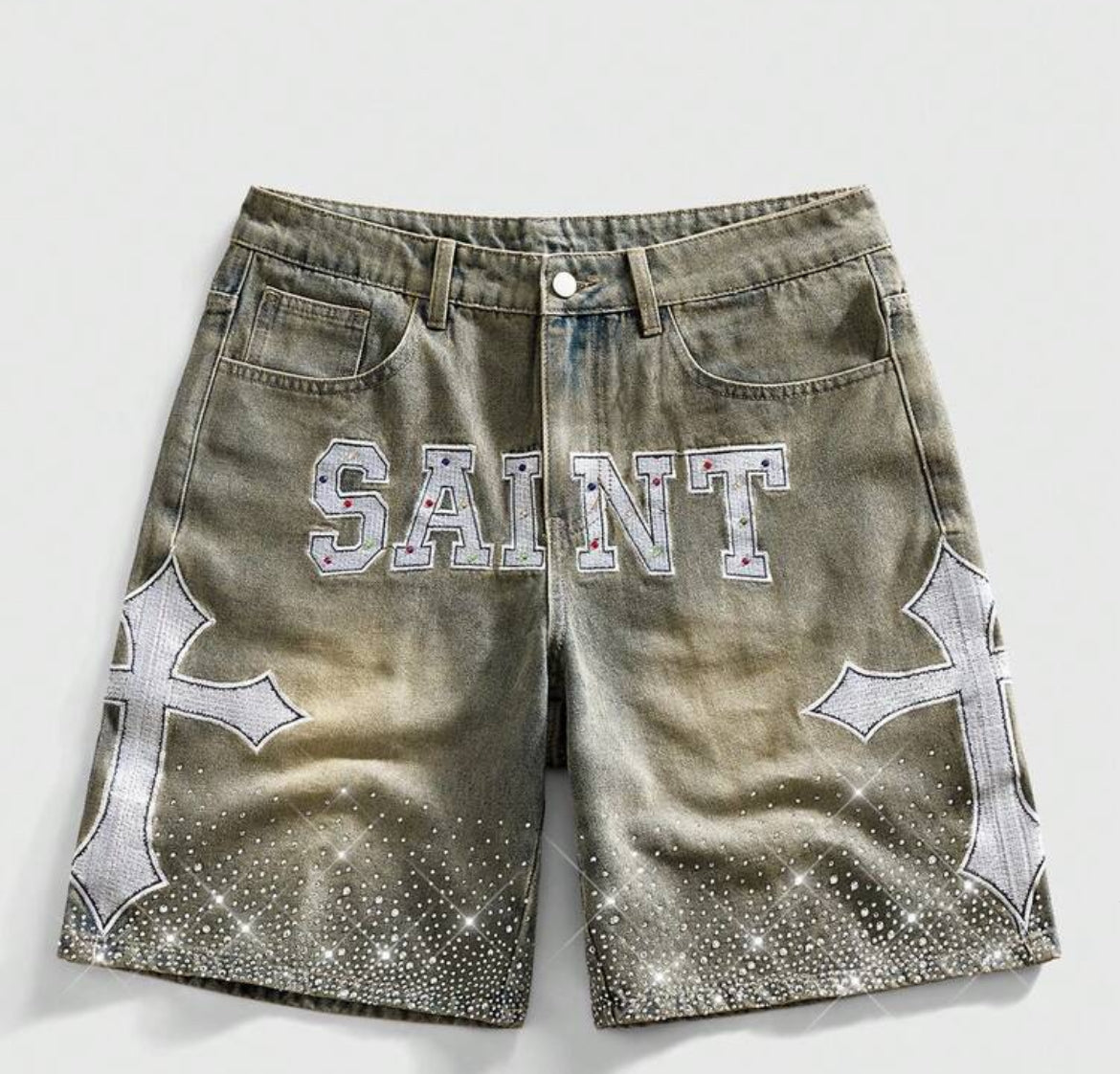 MEN Street Life
Men's Cross & Letter Applique
Slant Pocket Casual Denim Shorts