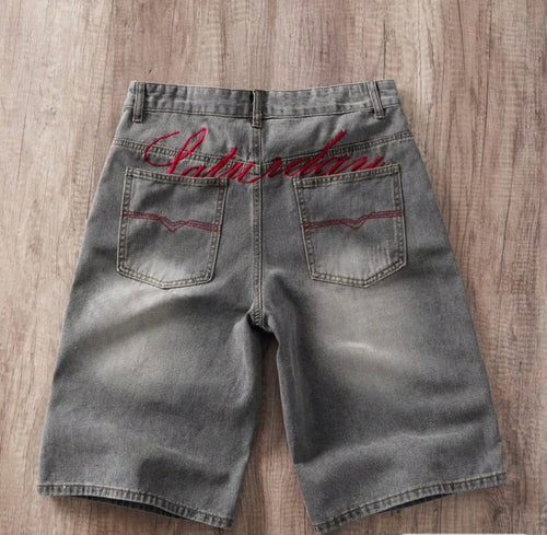 Manfinity Joysei Men's Straight Leg Embroidered Denim Shorts Shorts With Vintage Written On Them For Men