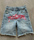 American Retro Washed Loose Shorts Personalized  Pattern Street Straight Jeans Men