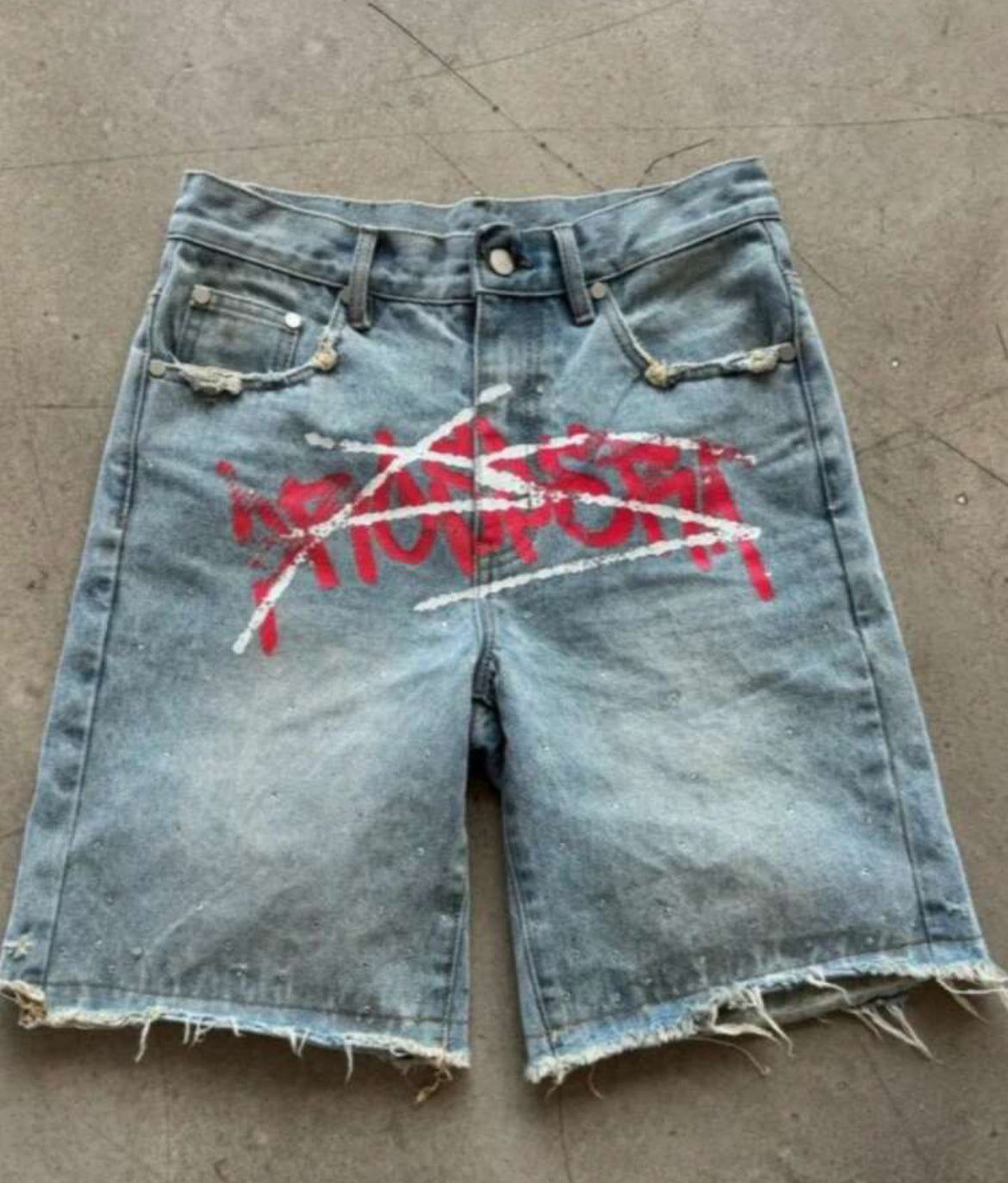 American Retro Washed Loose Shorts Personalized  Pattern Street Straight Jeans Men