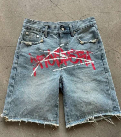 American Retro Washed Loose Shorts Personalized  Pattern Street Straight Jeans Men