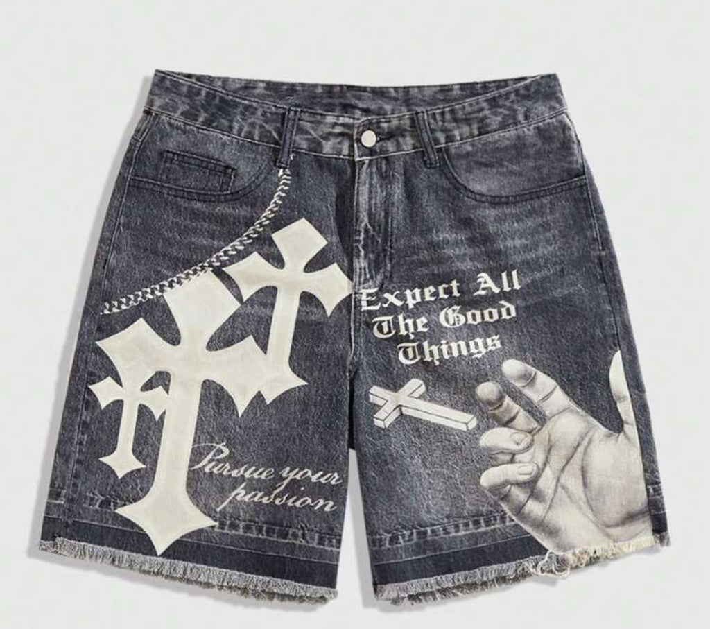 MEN Street Life Summer Casual Graphic Men'S Grunge Punk Chain Pattern Casual Denim Shorts Jorts, Daily Wear