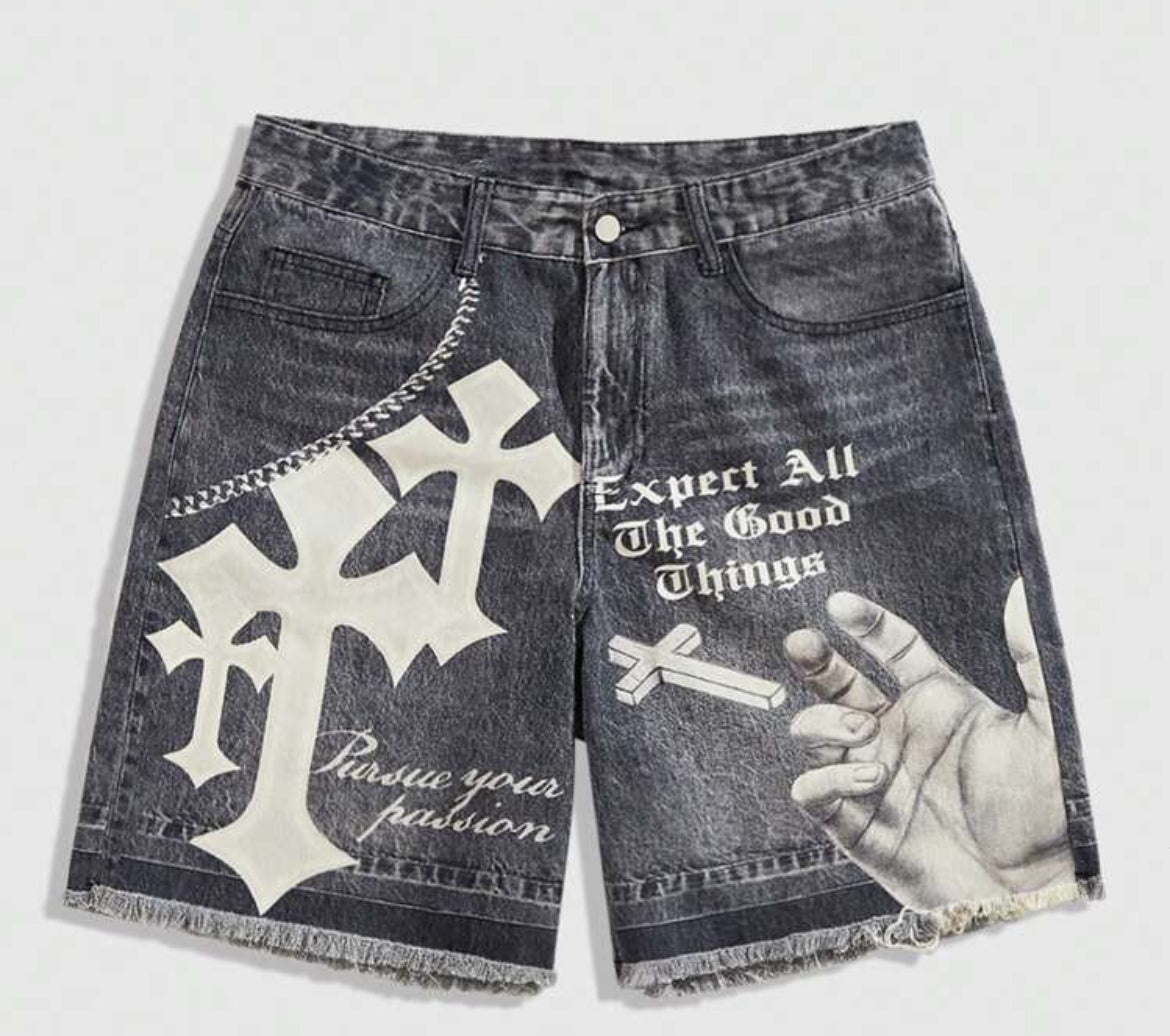 MEN Street Life Summer Casual Graphic Men'S Grunge Punk Chain Pattern Casual Denim Shorts Jorts, Daily Wear